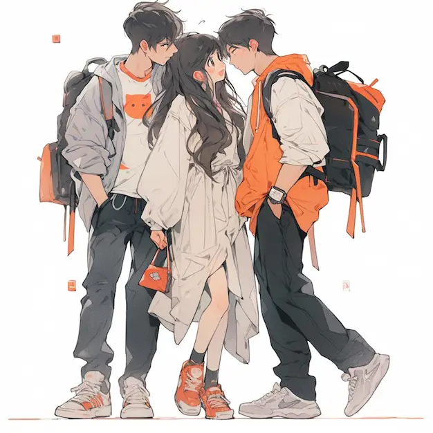 Gambar yang menampilkan interaksi antar karakter Karakter anime berinteraksi